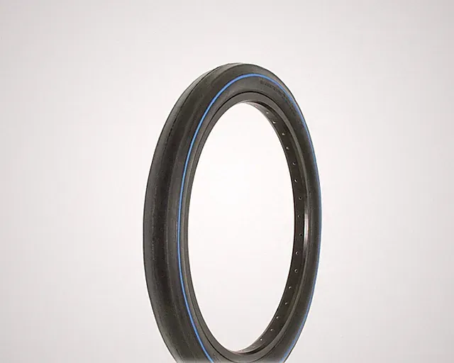 ONE 20 X 2.125 BLACK/BLUE LINE FAT SLICK BICYCLE TIRE, S-2 RIM, SCHWINN STYLE.