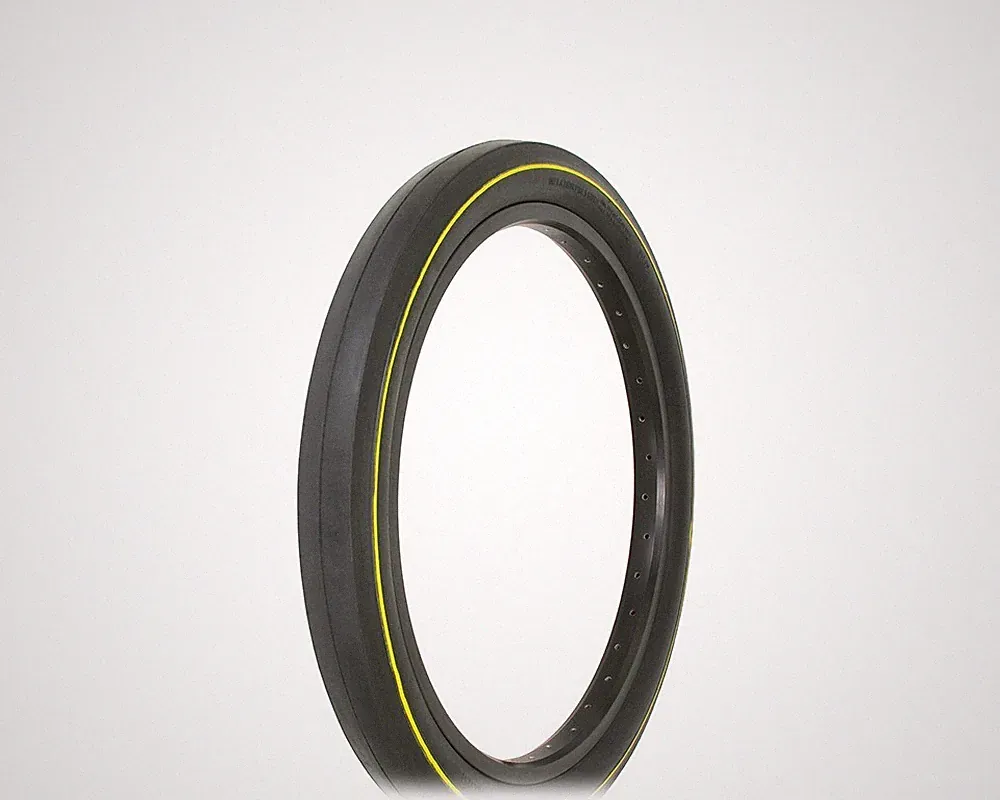 ONE 20 X 2.125 BLACK/YELLOW LINE FAT SLICK BICYCLE TIRE, S-2 RIM, SCHWINN STYLE.