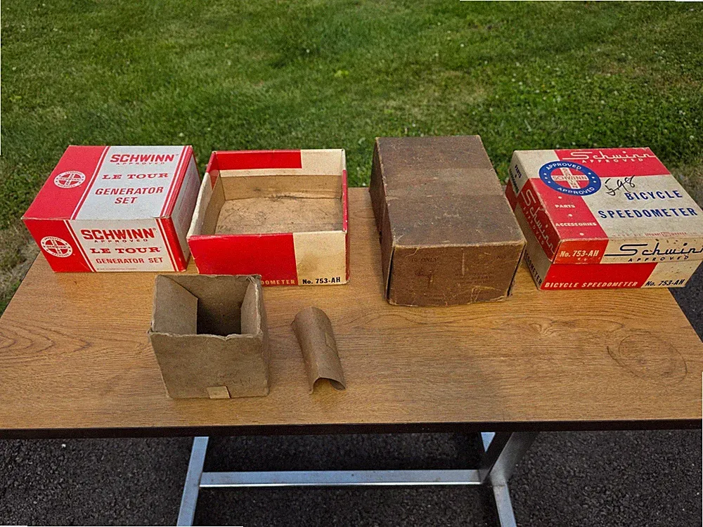 ORIGINAL SCHWINN PARTS BOXES & WALD STREAMLINE STEM USED BICYCLE PARTS BOXES
