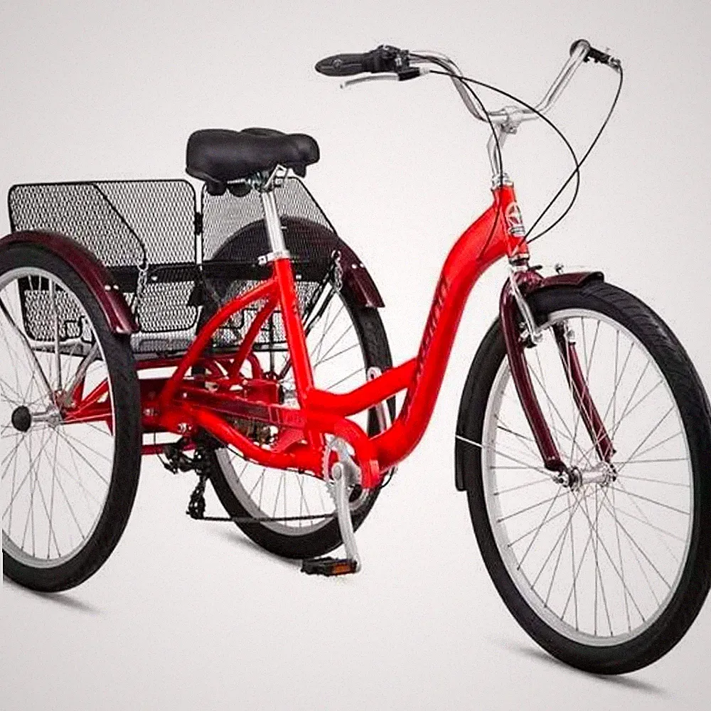 Red Schwinn Meridian Adult Tricycle featuring a 26-inch frame 7-speed