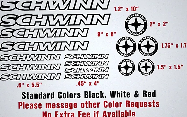 SCHWINN BICYCLE VINYL CUT DECAL KIT (16) $16.99 FREE SHIPPING/CHOOSE COLOR