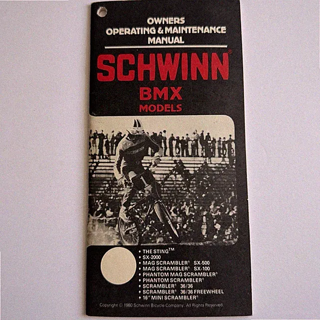 Schwinn BMX Bicycle Owners Manual Sting Scrambler SX-2000 Phantom 1980 Vintage