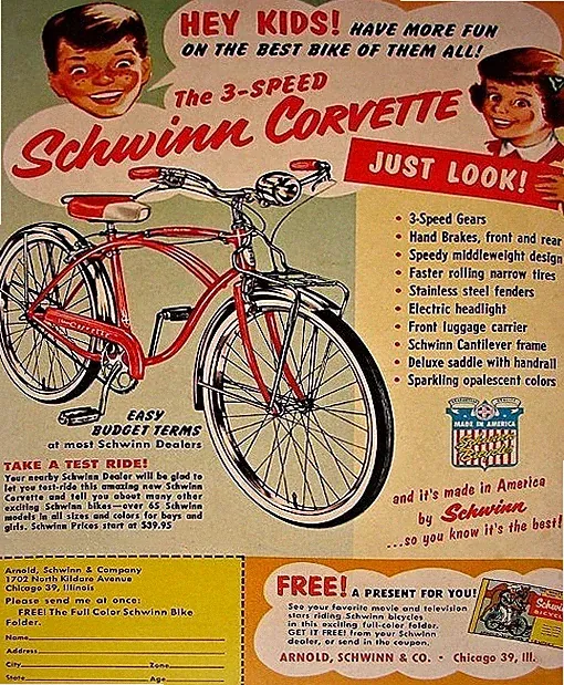 SCHWINN CORVETTE 3-SPEED BIKE SERVICE AND SALES KIDS 5X7 ADV REPRINT