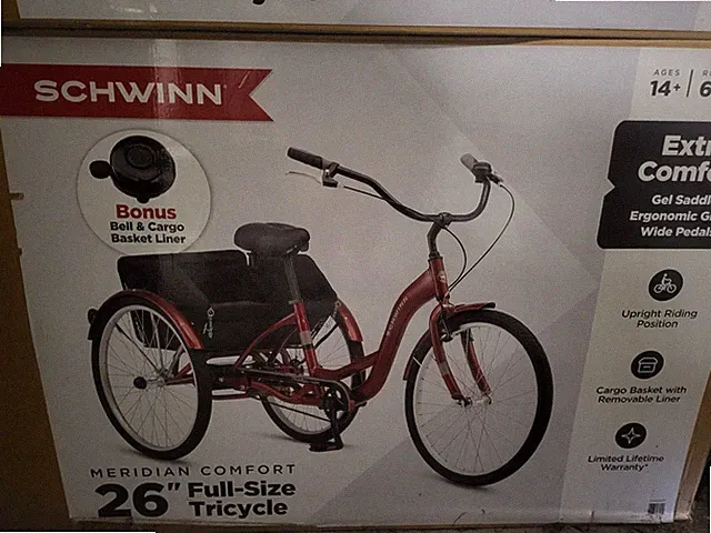 Schwinn Meridian Comfort 26" Red Adult Tricycle V-Brake Cargo Basket Bell
