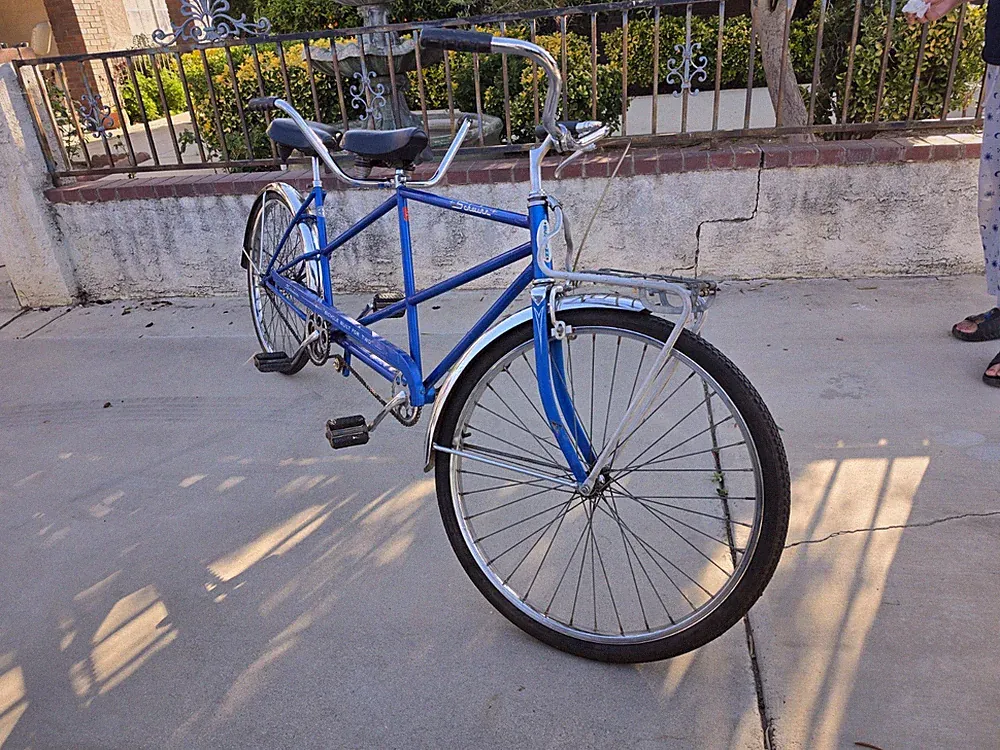 Schwinn Tandem Bike 26 in Blue 1-Speed Coaster Brake Basket Rack Fenders