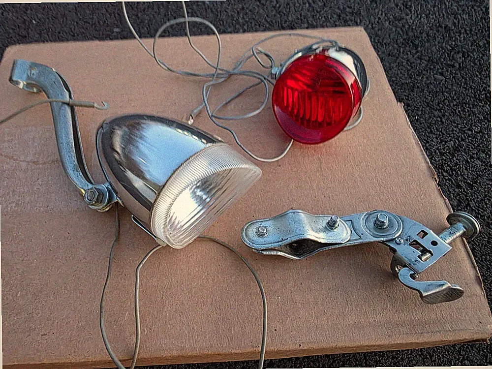 VINTAGE BICYCLE GENERATOR HEAD LIGHT TAIL LIGHT PARTS SCHWINN APPROVED BRACKET